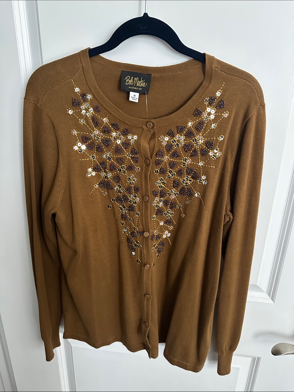 Bob Mackie Camel Brown Embellished Cardigan Sweater